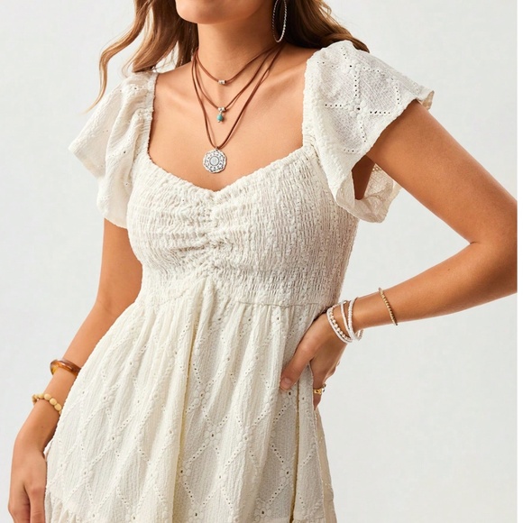 Boho Off White Smocked Short Sleeve Eyelet Dress - Picture 4 of 5
